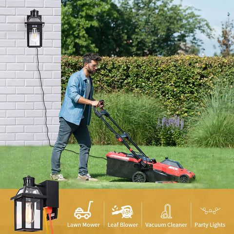 Outdoor Porch Lights With Built In GFCI Outlets No Brainer Easy Plug In Dusk To Dawn Motion Sensor illuminating a lawn mower