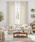 Birch Beige Linen Curtains 84 Inches Long Light Filtering Semi Sheer Back Tab Drapes in cozy living room setting