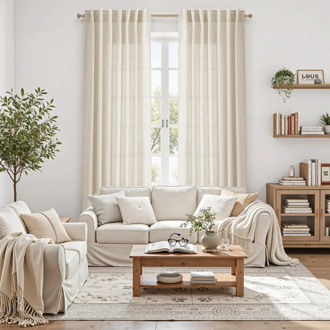 Birch Beige Linen Curtains 84 Inches Long Light Filtering Semi Sheer Back Tab Drapes in cozy living room setting