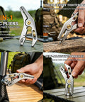 All-In-One Grab-And-Go Pocket Multi-Tool Grip - Stainless Steel EDC Pliers With Adjustable Jaw, Wire Cutter, Hex Wrenches 6-14mm, Bottle Opener, Chomping Zone And Edge Nipping Point For Home Repairs, Camping, And Cycling. 5-in-1 stainless steel EDC pliers shown using adjustable jaw and grip on bolts