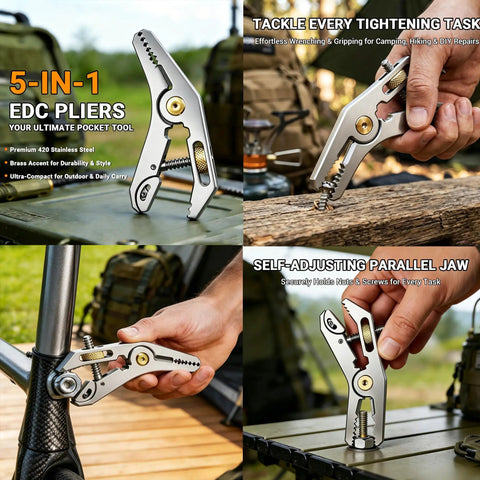 All-In-One Grab-And-Go Pocket Multi-Tool Grip - Stainless Steel EDC Pliers With Adjustable Jaw, Wire Cutter, Hex Wrenches 6-14mm, Bottle Opener, Chomping Zone And Edge Nipping Point For Home Repairs, Camping, And Cycling. 5-in-1 stainless steel EDC pliers shown using adjustable jaw and grip on bolts