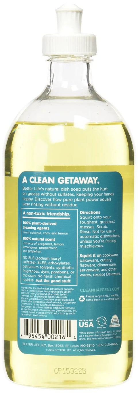 Back label of Grease Busting Liquid Dish Soap With Vitamin E And Aloe For Sensitive Skin No Gloves Needed Lemon Mint Scent Septic Safe