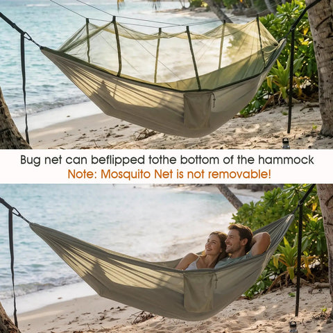 Heavy Duty Camping Hammock With Built-In Mosquito Net, 500 Lb Capacity on a beach with couple inside.