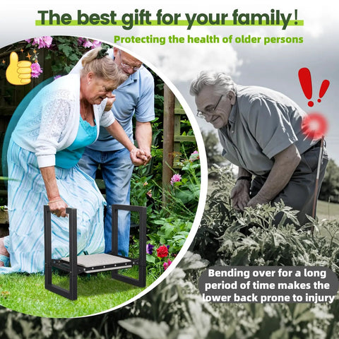 Heavy Duty 19 Inch Garden Stool And Kneeler With Upgraded Wider 1.6 Inch Cushion used by elderly woman in garden
