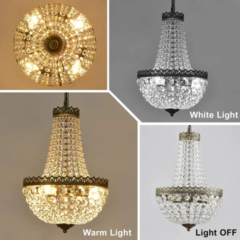 4 Light French Empire Mini Crystal Chandelier With Antique Brass Finish, white and warm light options, lights off view, top close-up