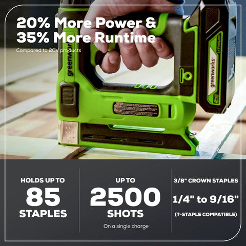 24V Crown Stapler With Three Eighths Inch Crown Staples, 2Ah Battery And 2A Charger in use highlighting power and runtime benefits