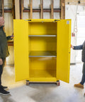 Heavy Duty 60 Gallon Flammable Safety Cabinet With Automatic Door Built Tough For Combustible Liquid Storage Osha And Nfpa Compliant open doors view with shelves