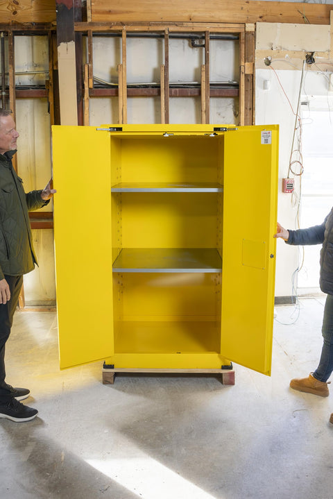 Heavy Duty 60 Gallon Flammable Safety Cabinet With Automatic Door Built Tough For Combustible Liquid Storage Osha And Nfpa Compliant open doors view with shelves
