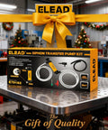 LEAD siphon transfer pump kit for automotive fluids; yellow and black box with hoses and inflator nozzle