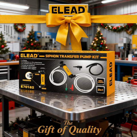 LEAD siphon transfer pump kit for automotive fluids; yellow and black box with hoses and inflator nozzle