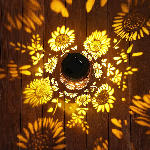 Solar Lanterns Outdoor Hanging Lights Waterproof For Yard Patio Porch Garden LED Decoration With Shepherd Hook Sunflower Pattern Cozy Warm Glow For Nighttime Ambiance Perfect Gift For Women Mom Grandma casting sunflower pattern on wooden floor