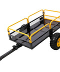 Tow Behind Dump Cart With 1000 Lb Load Capacity And Built-Tough Solid Steel Bed For ATV UTV Lawn Mower Tractor Yard And Farm Hauling Debris Cleanup Materials Transport, featuring mesh sides and yellow frame with large all-terrain wheels.