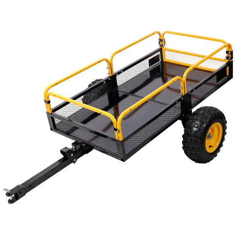 Tow Behind Dump Cart With 1000 Lb Load Capacity And Built-Tough Solid Steel Bed For ATV UTV Lawn Mower Tractor Yard And Farm Hauling Debris Cleanup Materials Transport, featuring mesh sides and yellow frame with large all-terrain wheels.