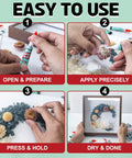 Four-panel infographic showing easy-use clear gel super glue minis with steps: open, apply, press, dry.