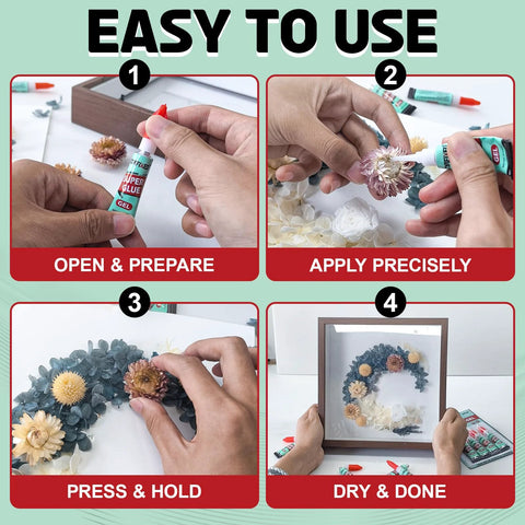 Four-panel infographic showing easy-use clear gel super glue minis with steps: open, apply, press, dry.