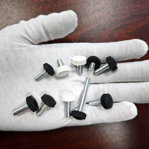 Heavy Hitter Black M5x8mm Threaded Knurled Thumb Screws Zinc Plated Carbon Steel Clamping Knobs on gloved hand.