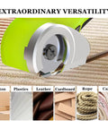 Cordless Electric Box Cutter Rechargeable Scissors Rip Through Cardboard And Carpet With Ease shows cutting materials like cardboard and carpet.