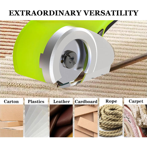 Cordless Electric Box Cutter Rechargeable Scissors Rip Through Cardboard And Carpet With Ease shows cutting materials like cardboard and carpet.