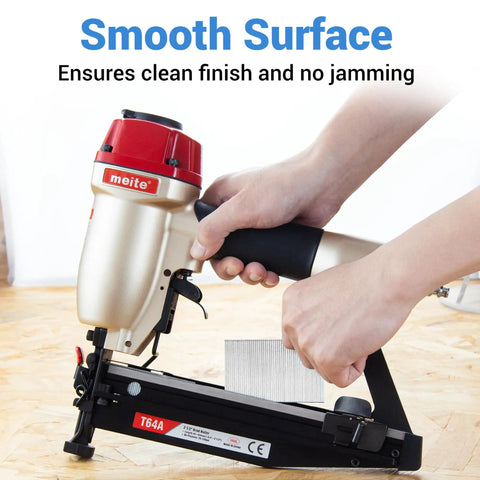 No Sweat Installation 16 Gauge 2.5 Inch Galvanized Finish Nails 500 Pack Straight T Head used with an ergonomic nail gun for easy application.