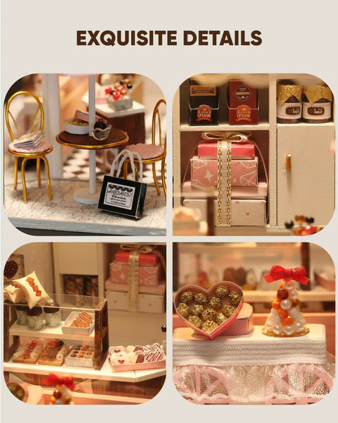 Chill DIY Dollhouse Kit For Beginners And Adults, chocolate shop interior with miniature chairs, pastries, and gift boxes.