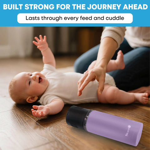 Rock Solid Electric Breast Milk Cooler Featuring Dual Four Ounce Insulated Storage Bottles, Usb C Powered Portable Nursing Chiller on a wooden floor with a baby.