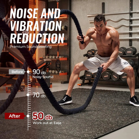 Man using battle ropes on 0.79 Inch Extra Thick Exercise Mats, 12 Pack Interlocking Gym Flooring Tiles With Rubber Top, 48 Sq Ft Coverage.