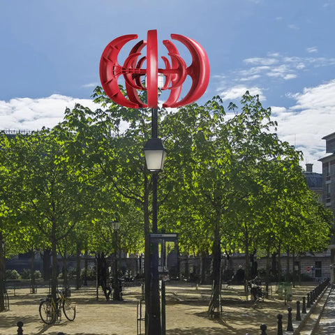600W Vertical Axis Wind Turbine Kit With 5 High Efficiency Blades 12V DC Generator on streetlight with red finish
