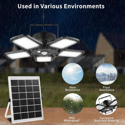 Dope Solar Shed Light For Outdoor And Indoor Use 1200LM 160LED Pendant in rain with solar panel showing resistance features