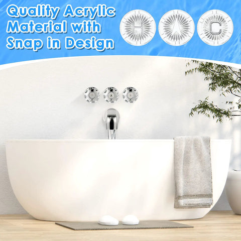 Bathroom with a tub, faucet, and acrylic faucet index buttons for Gerber 94-445 94-446 94-447 replacement knobs.