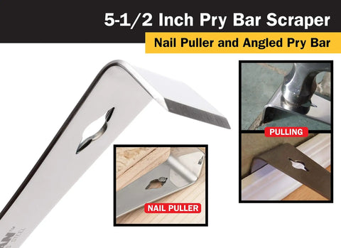 5-1/2 Inch Stainless Steel Pry Bar Scraper With Nail Puller, Razor Sharp Edge, And Angled Prying End For Walls, Moldings, Tiles