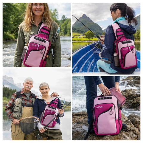 Pink Fishing Tackle Sling Bag With Rod Holder Ultra Durable 1680D Water Resistant Material Anti Slip Waist Strap Three Tackle Boxes Perfect Gift For Women And Girls Who Love Fishing On The Go, showcased by anglers in various settings by water.