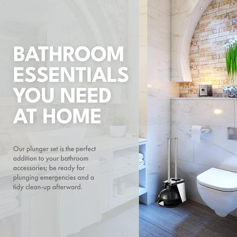 Heavy Duty Toilet Brush And Plunger Combo With Killer Suction And Sturdy Bristles For No Sweat Clog Removal Plus Straight Up Bathroom Deep Cleaning Freshness In Black in modern bathroom setting.