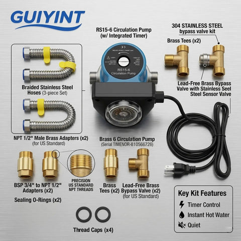 Under Sink Hot Water Recirculating Pump With Timer And 304 Stainless Steel Bypass Valve parts, including hoses and brass adapters.