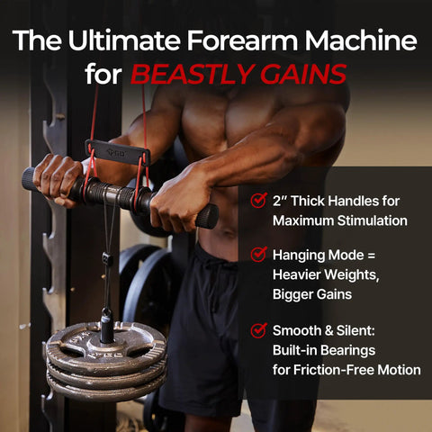 Man using Hanging Wrist Roller Pro Forearm Trainer And Grip Strengthener with thick 6.2 inch grip and weights attached.