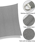 Six By Eight Foot Rectangle Sun Shade Sail Canopy For Outdoor Patio And Garden UV Block 96 Percent Breathable Fabric 185 GSM Heavy Duty Shade Cloth Not Waterproof Gray Customizable, close-up view showing D-ring and fabric texture.