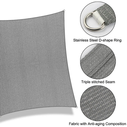 Six By Eight Foot Rectangle Sun Shade Sail Canopy For Outdoor Patio And Garden UV Block 96 Percent Breathable Fabric 185 GSM Heavy Duty Shade Cloth Not Waterproof Gray Customizable, close-up view showing D-ring and fabric texture.