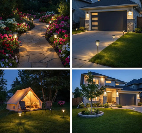 Solar Outdoor Pathway Lights With Two Modes Dope 10 Lumen Low And 25 Lumen High LED IP65 Waterproof Glass And Metal Garden Lamps Six Pack Warm White illuminating garden walkway, driveway, tent, and house front