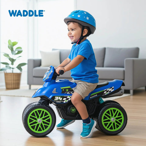 Kids Motorcycle Balance Bike For Tots Ride On Toy With Sounds Realistic Look Wide Wheelbase Rubber Coated Wheels Foot To Floor Riding Supports Up To 44 Lbs Blue For Ages 18 Months To 3 Years, toddler on blue indoor ride-on