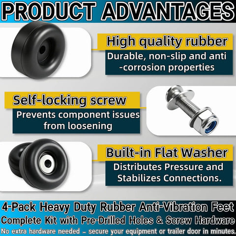 4 Pack Heavy Duty Rubber Anti Vibration Feet and Rubber Bumpers with screw kits image highlighting product advantages