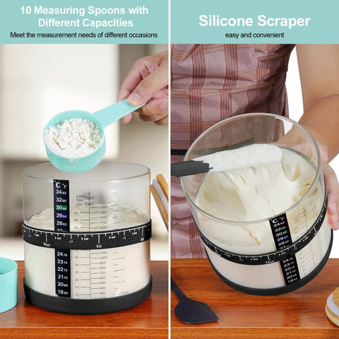 66 Oz Wide Mouth Sourdough Starter Jar Kit With Easy Read Ounce And ML Scale Lines For Real Date Marked Feeding Band Thermometer Sourdough Jar Scraper Cloth Cover And Bamboo Wood Lid Black with measuring spoons and silicone scraper