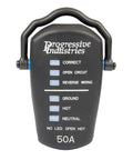 RRT-50 RV Receptacle Tester Black 50 Amp With Wiring Fault Detection And Open Ground Open Neutral Open Hot To Verify Safe Campground Power Before You Power Your RV No Sweat, front view showing indicators.