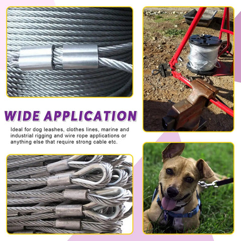 123 Piece Wire Rope Hand Swager Crimping Tool Kit With 24 Inch Cable Cutter Aluminum Loop Sleeves Aircraft Grade Rope Thimbles 304 Stainless Thimbles Protective Gloves And More For DIY Rigging, showcasing applications in various settings like dog leashes and industrial use.