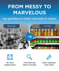 Before and after image showcasing the Expandable Two Tiered Spice Rack Organizer For Cabinet And Pantry Storage.