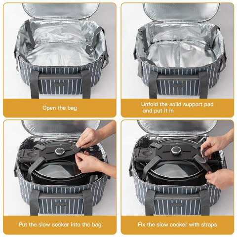 Double Layer Slow Cooker Carrier Bag For 6 To 8 Quart Oval Crock Pot Insulated Travel Case with support pad setup steps