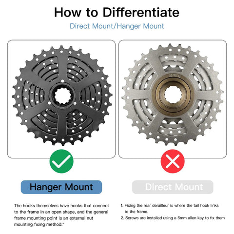 Difference between hanger mount and direct mount for 8 Speed 11 32T Bike Cassette For Mountain And Folding Bikes With Freehub.