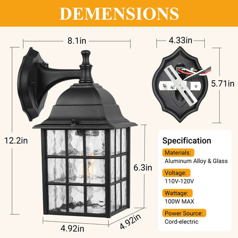 Dusk To Dawn Outdoor Wall Lights 2-Pack With Sensor Exterior Fixtures Black Waterproof Sconces dimensions and details