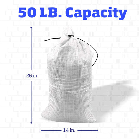 Beefy Heavy Duty Sand Bags With Tie Strings For Flood Control, 50 Lb Capacity, 14x26 Inches, White, Woven Polypropylene, UV Treated