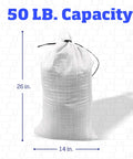 Heavy Duty Sand Bags With Tie Strings White 14x26 Inches 50 Lb Capacity Pack Of 100 UV Protected for storm preparedness.
