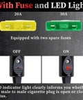 Hella Tough 12AWG Heavy Duty Cigarette Lighter Male Plug with 20A and 30A fuses and LED indicator light for vehicle use.
