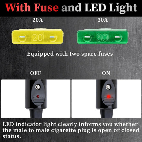 Hella Tough 12AWG Heavy Duty Cigarette Lighter Male Plug with 20A and 30A fuses and LED indicator light for vehicle use.